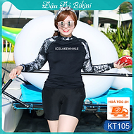 Áo tắm đồ bơi nữ BIG SIZE, mẫu áo tay dài chống nắng & quần short đùi kín đáo, che bắp tay dấu bụng 