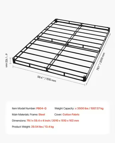 Queen Size Box Spring 4 Inch, Heavy Duty Metal Bed Frame with Washable Fabric, 3500 lbs Capacity, Ea