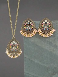 3入組復古風格合金雕花油滴珍珠鈴鐺造型耳環和項鍊,適用於女士參加派對或日常使用