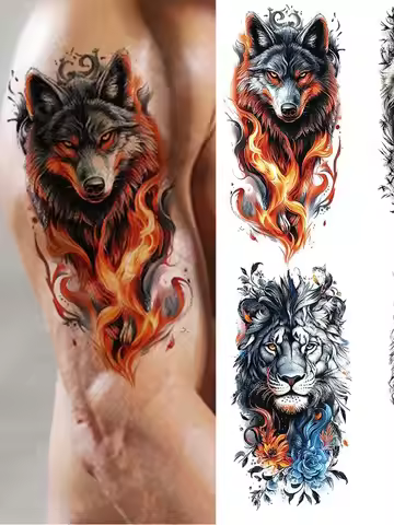2025 New Waterproof Temporary Tattoo Sticker Fire Forest Lion Wolf Tiger Flash Tattoos Man Crown Bod
