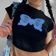 y2k Women's American Retro Short Top Hot Girl Style Spring Butterfly Appliqué Embroidery Simple Casu