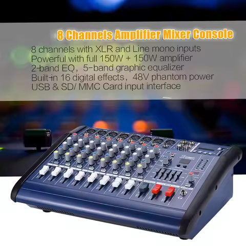 8 Channels Powered Mixer Amplifier Digital Audio Mixing Console Amp with 48V Phantom Power USB/ SD S
