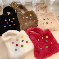 Button Detail Handbag Candy Color Handbag Shopping Bag Women's Purse Plush Handbag High-capacity Tote Bag