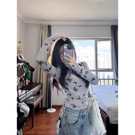 y2k y2k Women's Clothing y2k Long-Sleeved Asian Culture y2k Top Butterfly Print Gray T-Shirt Bottomi