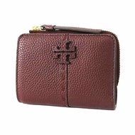 【TORY BURCH】縫線皮革對開二折短夾-酒紅色