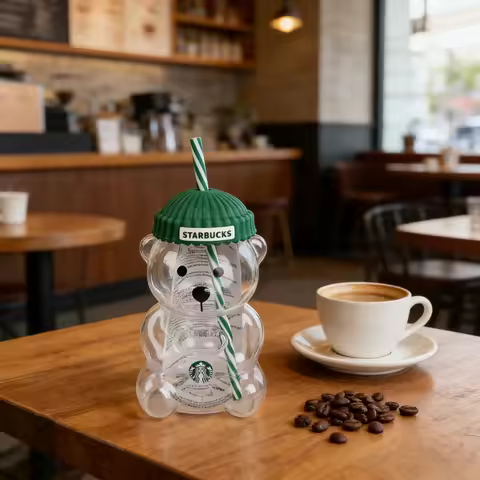 Starbucks Bearista Bear Glass Cup 20oz Green Lid Straw Cold Water Tumbler