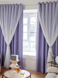 1入組鏤空星星雙層簡約風滌綸臥室和客廳遮光窗簾