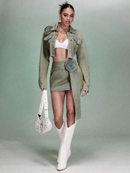 SHEIN BAE 復古洗水女式丹寧長袖短夾克,肩部圓盤裝飾,適用於春天搭配,女式牛仔外套,綠色搭配,花卉上衣