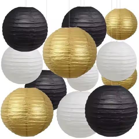 12-Piece Set of Black, White, and Gold Party Lanterns - Elegant Metal Frame Paper Art Balloons, Mult