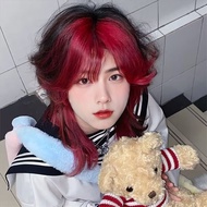Wig for men and women with black and red highlights wolf tail curly hair center cut bangs handsome t
