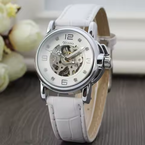 T-WINNER Fashionelegant ladies wrist watch simple style with diamonds leather strap automatic mechan