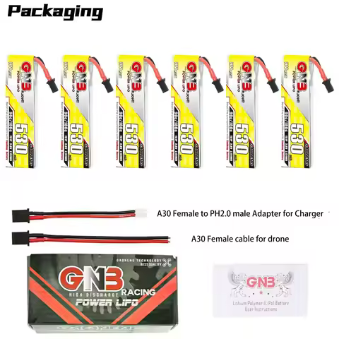 6PCS GNB 530mAh 1S 3.8V 90C GAONENG HV 4.35V Lipo Battery With High Current A30 Connector For RC FPV