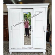 Lemari Pakaian  Jati 3 Pintu Sliding Putih 2RAK/trinityjayafurniture