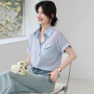 Áo Sơ Mi Nữ Tay Ngắn Mùa Hè Phong Cách Hàn Quốc Thêu Trái Tim Túi Đơn Thiết Kế Sọc Dọc Mỏng Thường N