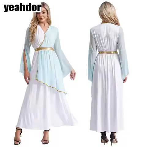 Women Ancient Greek Cosplay Costume Roman Queen Princess Toga Gown V Neck Long Sleeve Gold Trims Tog