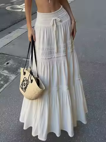 Women's High Waisted White Lace Patchwork Maxi Bubble Skirt Boho Style Suitable For Music Festivals 