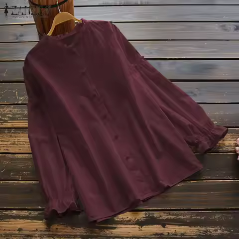 Vintage Ruffle Shirts Women's Solid Blouse ZANZEA 2023 Casual Long Sleeve Blusas Female Button Bluas
