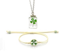 Dried Leaves Lucky 4-Leaf Clover Sunflower Pendant Necklace St. Patrick's Day Square round Glass Lov