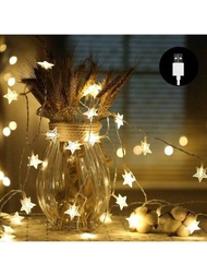 1入組LED暖色星光燈串（每條燈串10個星星），USB供電，適用於婚禮、節日、派對、室內裝飾、花園、帳篷裝飾