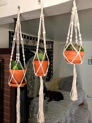 1入組手織編繩花盆吊架，陽台懸掛裝飾花盆，編結起重繩，家居花園用品