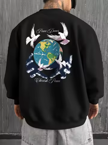 Men's Oversize Streetwear Crewneck Sweatshirt Peace Dove Earth Print Vintage Gothic 100% Polyester L