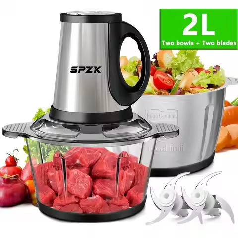 Food Processors With 2 Bowls, Meat Grinder 4 Bi-Level Blades, Mini Electric Food Chopper 300W, For B