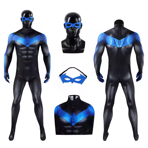 Nightwing Dick Grayson Cosplay Costume Superhero Halloween Jumpsuit Spandex Bodysuit Leather Mask Ad