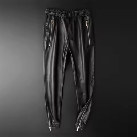 Men's Leather Pants Superior Quality Elastic Waist Jogger Pants PU Leather Motorcycle Trousers Biker