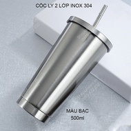 Cốc (ly) 2 lớp inox 304 CR500 chống nóng có nắp và ống hút cỡ lớn 500ml dùng được trên xe hơi
