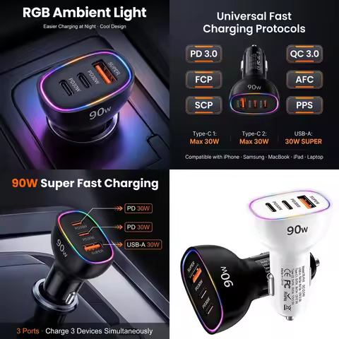 90W USB C Car Charger Multi Port Super Fast Charging Dual PD 30W Type C USB A 30W Adapter for Laptop