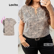 Lovito Plus Size Curve Blouse Casual Geometric Pattern Blouse for Women LBL20211