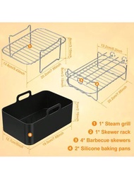 8件組空氣炸鍋配件套裝,包含2個空氣炸鍋矽膠鍋和1個雙層架子、4支烤肉針、1個蒸籠架、1個帶手柄的可重複使用的炸鍋墊和1個不鏽鋼炸鍋架