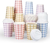 100 PACK 12OZ Disposable Coffee Cups with Lids, 4 Colors Disposable Plaid To Go Paper Coffee Cups Ch