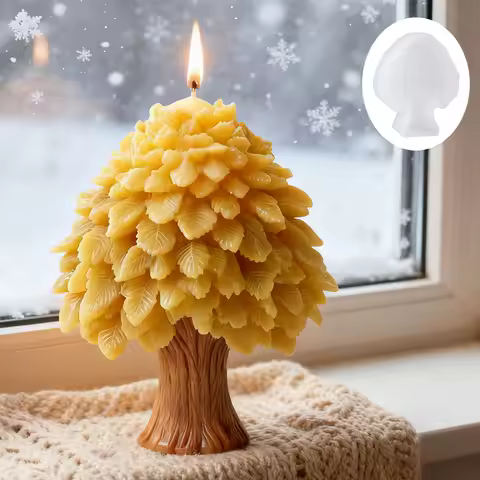 The 3D tree-shaped candle mold features a layered leaf design, is flexible and easy to demold, and c