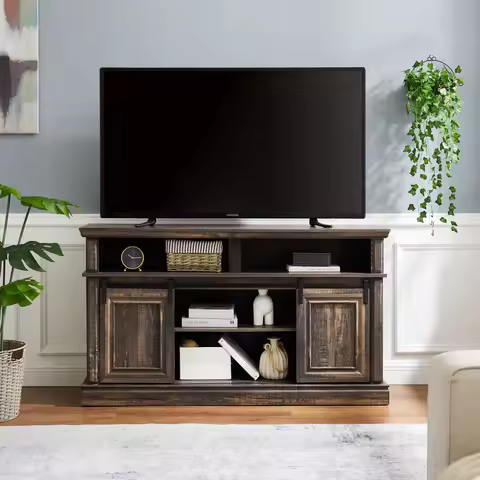Media Console Table With Storage Cabinet, Mid Century Style Entertainment TV Table, Multipurpose Sli