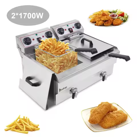 EH102V Stainless Steel Double Tank Deep Fryer - 16.9QT / 16L Capacity, 24.9QT/23.6L Total - 3400W Ma