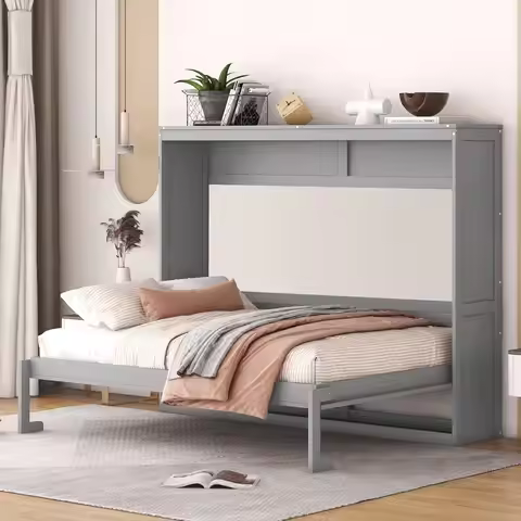 Full Size Murphy Bed with Storage Shelf, Wood Murphy Bed Cabinet for Home Office Studio, Can Be Fold