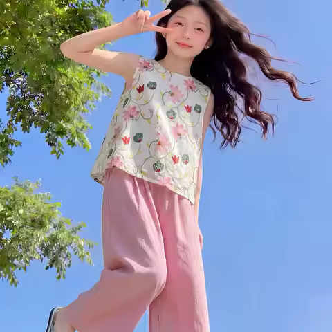 2026 summer Kid Children set Girls sleeveless floral Cloth T-Shirt chiffon + loose casual Pants outf