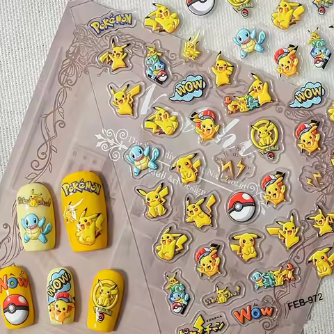 Cartoon Anime Pikachu Nail Art Sticker Notebook Planner Decals 5D Embossed Nail Stickers