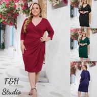 F&H 3678-4 Colors XL-5XL Elegant Women Plus Size Long Sleeves V Neck Waist Tie Midi Dress