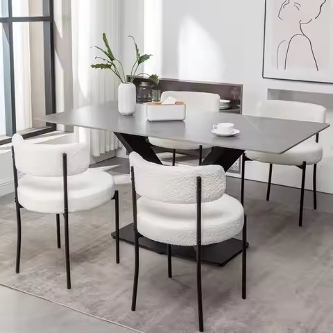 White Boucle Dining Chairs Set of 4, Upholstered Dining Room Chairs with Black Metal Legs, Round Mod