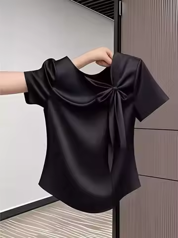 New Chinese Style Short Sleeve Women's Top Knot Slimming Versatile Ladies T-Shirt Commute Style Poly