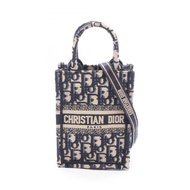 【二手】Dior Book Tote 直式手提包/迷你手機包/兩用手提包/象牙白/海軍藍帆布 Book Tote 直式迷你手提包