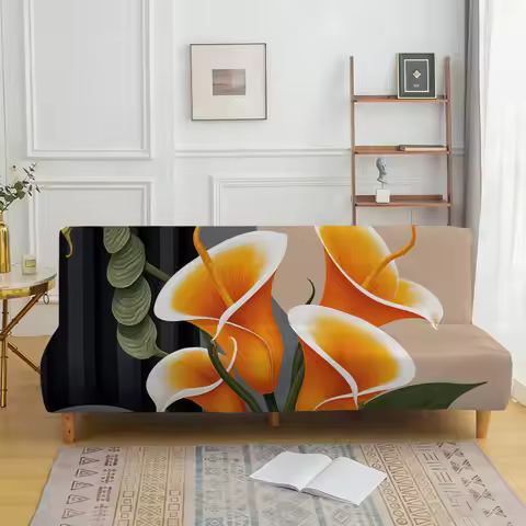 Orange and white calla lily printed sofa bed cover, living room sofa bed cover, dustproof machine wa