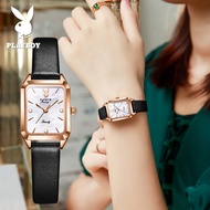PLAYBOY นาฬิกาสี่เหลี่ยมสำหรับผู้หญิงดีไซน์ใหม่2024สายหนังนาฬิกาผู้หญิงกันน้ำแบรนด์เดิมสไตล์เกาหลี