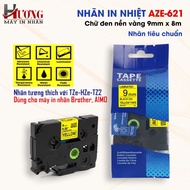 AZe-621 printed label [9mm x 8m] black text on yellow background, compatible with Brother TZe-221 la