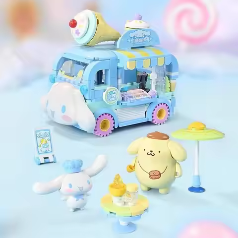 Sanrio Series Building Blocks Hello Kitty Pochacco Burger Car Pom Pom Purin Cinnamoroll Dessert Car 