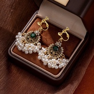 Retro Bohemian Pearl Earrings Non-Pierced Ear Clips Female Fashion Exaggerated Ethnic Style Palace E