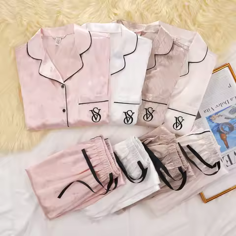 Victoria's Secret Womens Silk Satin Pajamas Set Short Sleeve Shorts Sleepwear Loungewear Soft Breath