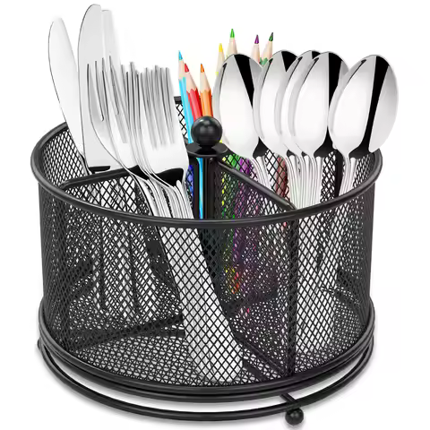 360°Rotating Utensil Caddy Kitchen Utensil Holder 6.7×6.7×5.1 Inch Metal Utensil Organizer 4-Compart